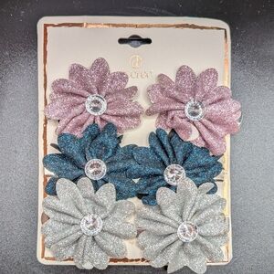 Glitter Flower Hair Clips Set - Pink, Blue, Silver